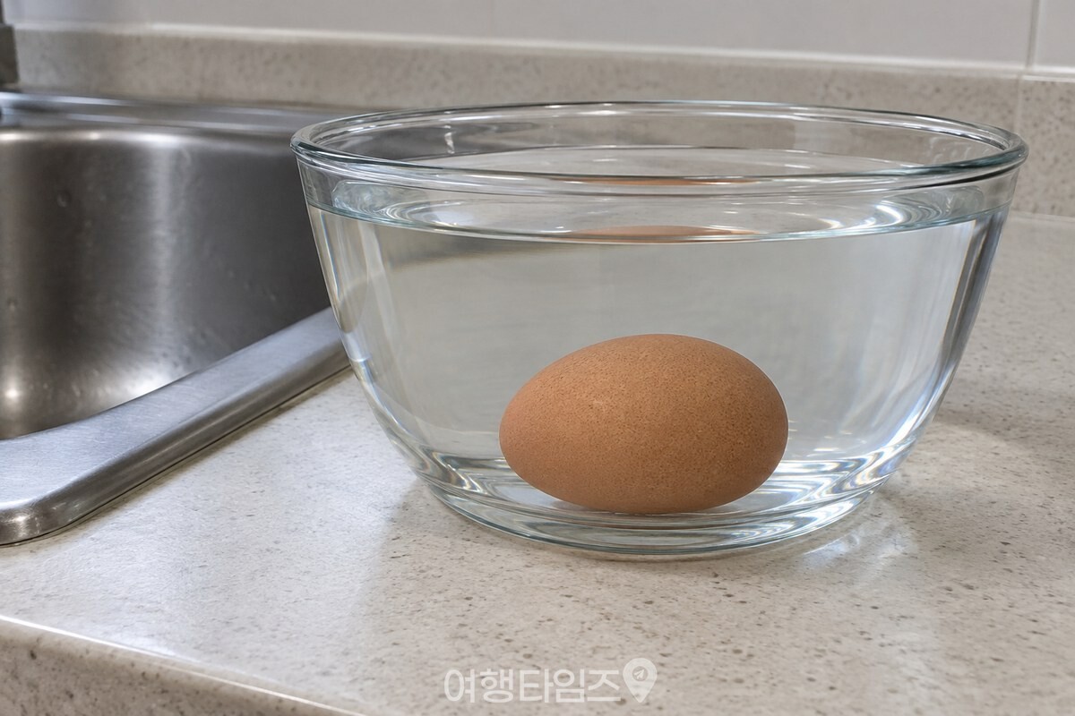찬물이 담긴 투명한 유리 그릇 바닥에 계란 한 알이 옆으로 누워 있다. / 기사 이해를 돕기 위한 생성형 이미지