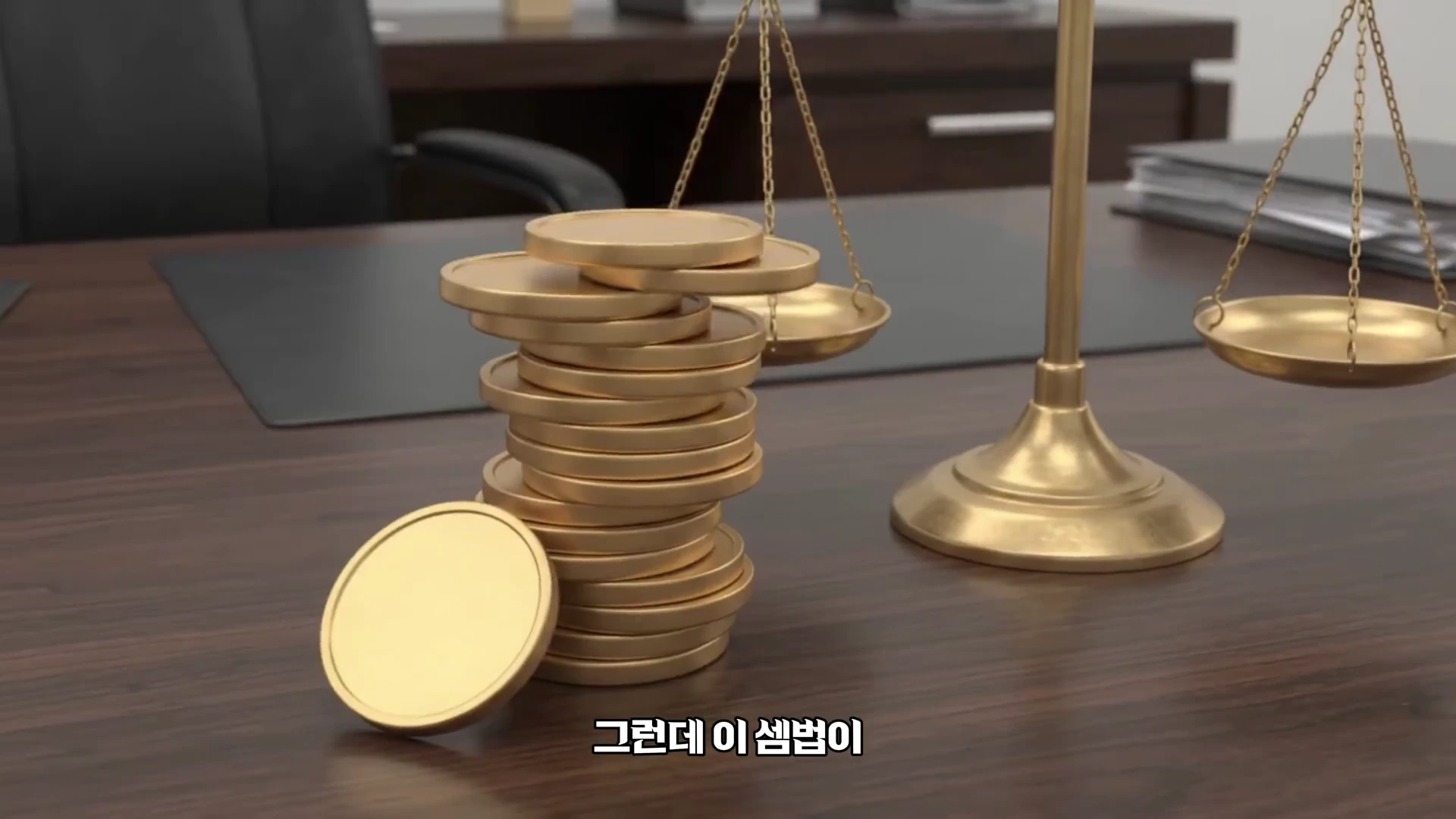 나무 책상 위에 쌓인 금색 동전 더미와 그 옆에 놓인 작은 금색 천칭 저울을 클로즈업한 그래픽 영상.
