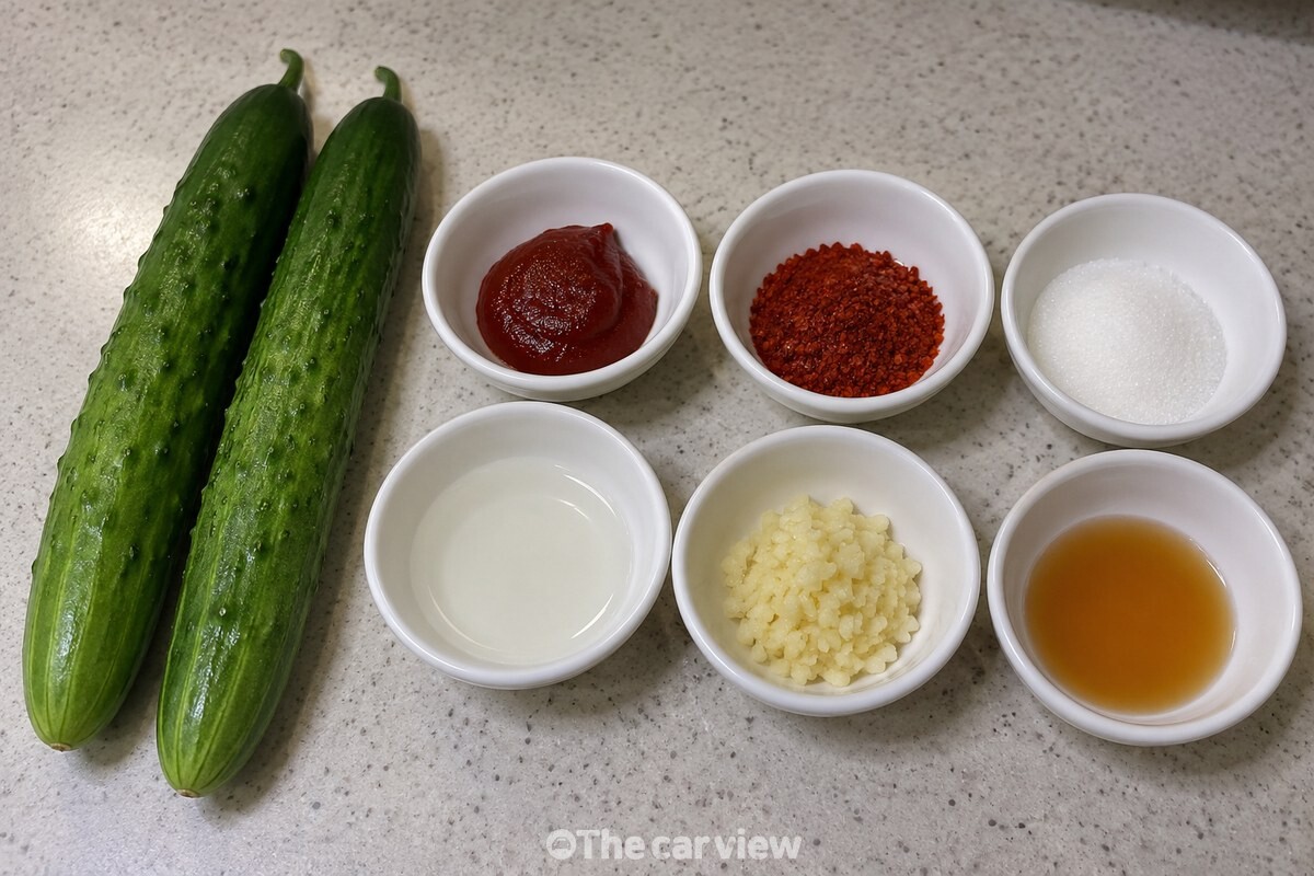 오이 두 개와 오이무침 양념 재료가 필요한 분량만큼 작은 그릇에 준비되어 있다. / 기사 이해를 돕기 위한 생성형 이미지