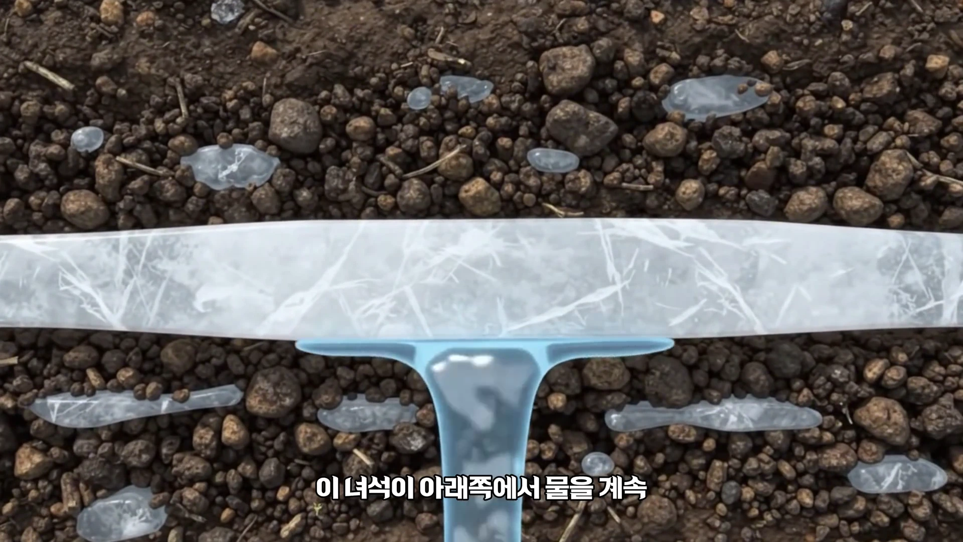 토양 단면을 배경으로 얇고 넓은 얼음판이 형성되어 있고 아래에서 물이 계속 공급되는 모습을 보여주는 그래픽 자료.