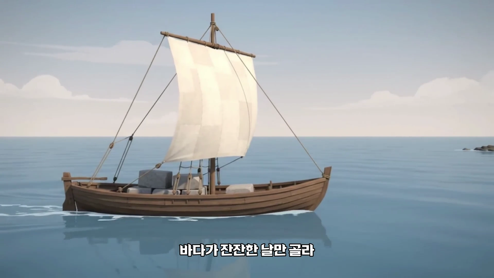 바다 위를 항해하는 돛단배의 측면 모습으로, 배 안에는 건축용 돌덩이들이 여러 개 실려 있습니다.
