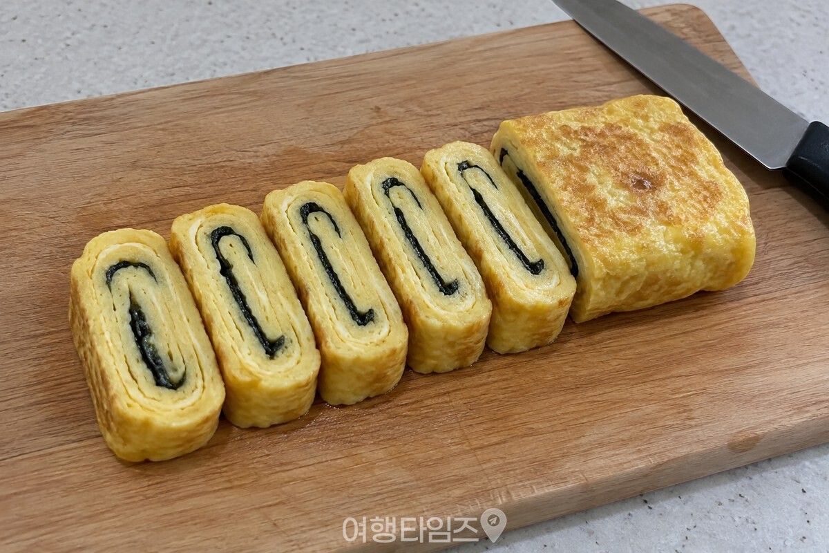 김이 들어간 계란말이를 도마 위에서 썰어 놓은 모습 / 기사 이해를 돕기 위한 생성형 이미지