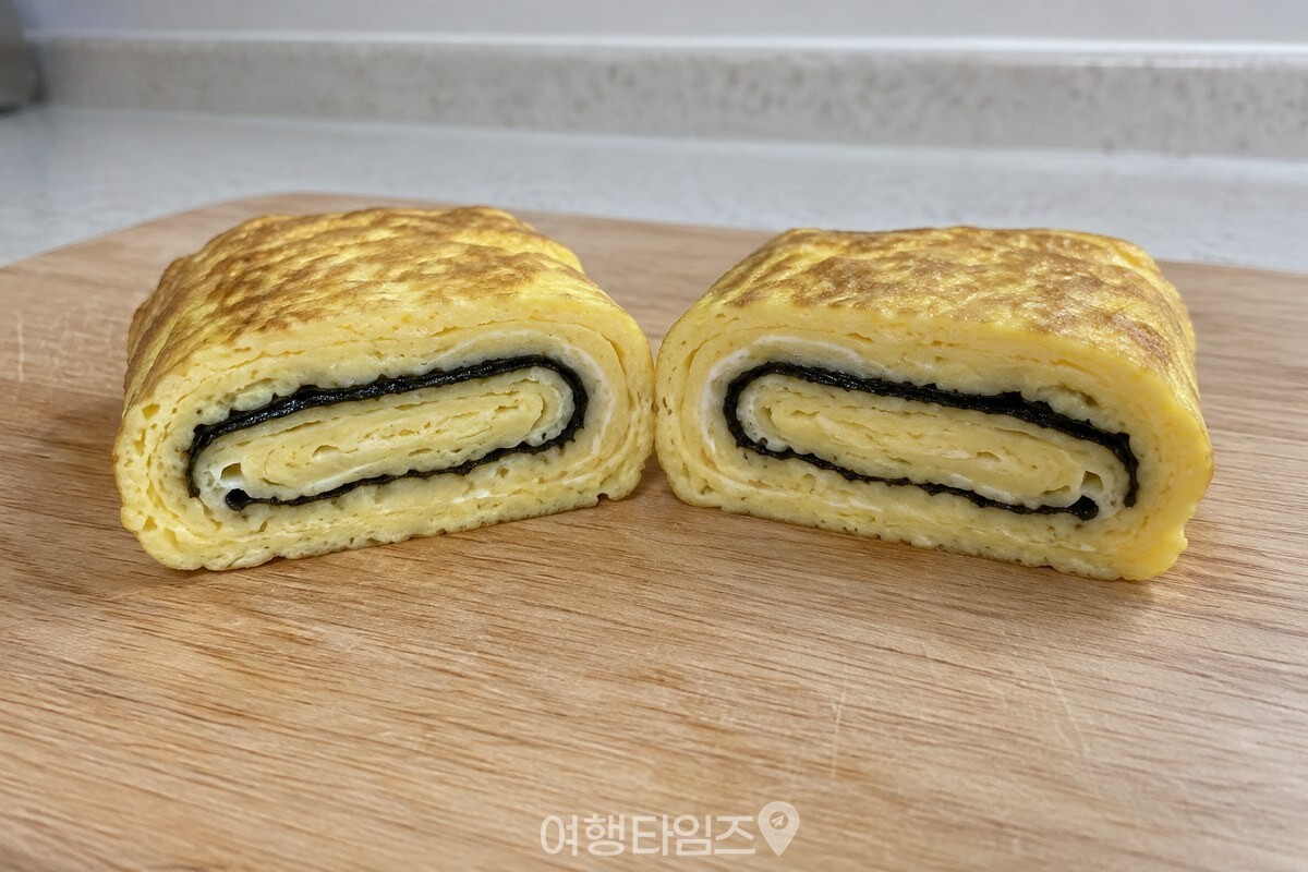 반으로 자른 계란말이 단면에 김 한 장이 계란 층 사이로 보이는 모습 / 기사 이해를 돕기 위한 생성형 이미지