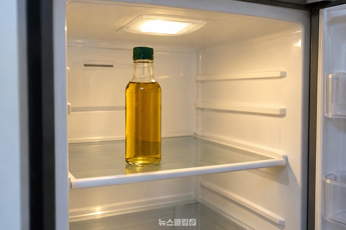 투명한 유리병에 든 들기름이 냉장고 조명을 받는 모습이다. / 기사 이해를 돕기 위한 생성형 이미지