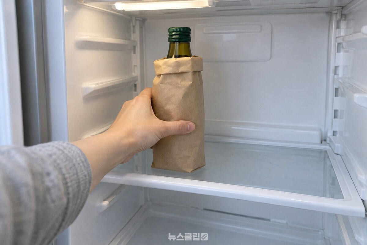 접은 종이봉투에 넣은 들기름 병을 냉장고 아래 안쪽 선반에 세워 놓고 있다. / 기사 이해를 돕기 위한 생성형 이미지