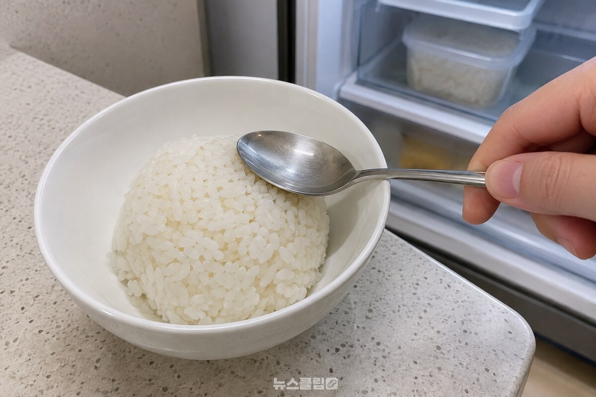 냉장 보관한 밥이 한 덩어리로 굳은 상태를 숟가락으로 살펴보는 모습. / 기사 이해를 돕기 위한 생성형 이미지