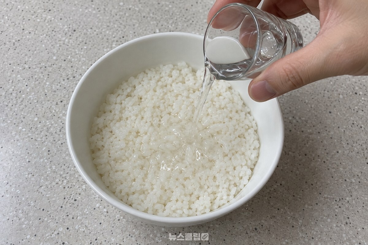 전자레인지용 흰 도자기 그릇에 평평하게 담은 찬밥 위로 소주를 고르게 뿌리는 모습. / 기사 이해를 돕기 위한 생성형 이미지