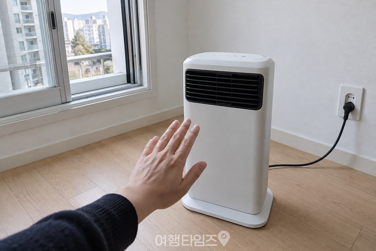 창문을 연 방에서 벽과 거리를 두고 놓인 소형 온풍기 앞 송풍구를 확인하는 모습. / 기사 이해를 돕기 위한 생성형 이미지