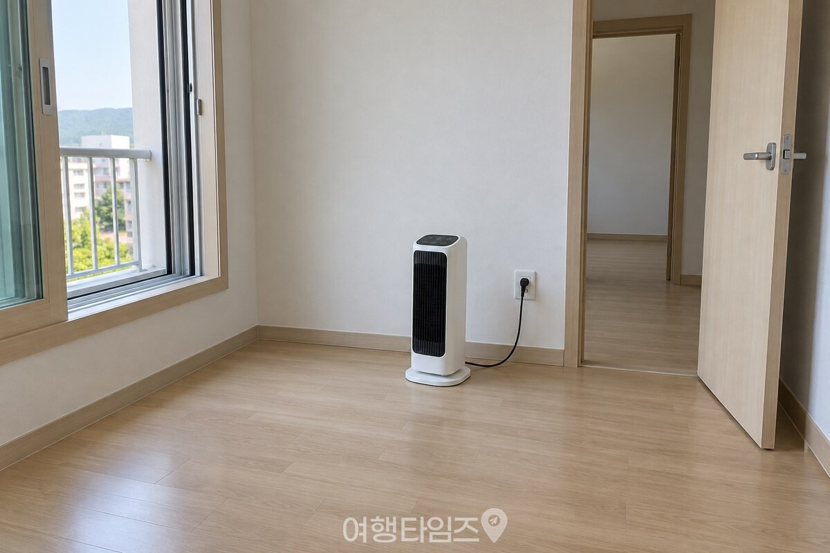 창문을 연 방 바닥에서 벽과 거리를 두고 온풍기를 배치한 모습. / 기사 이해를 돕기 위한 생성형 이미지