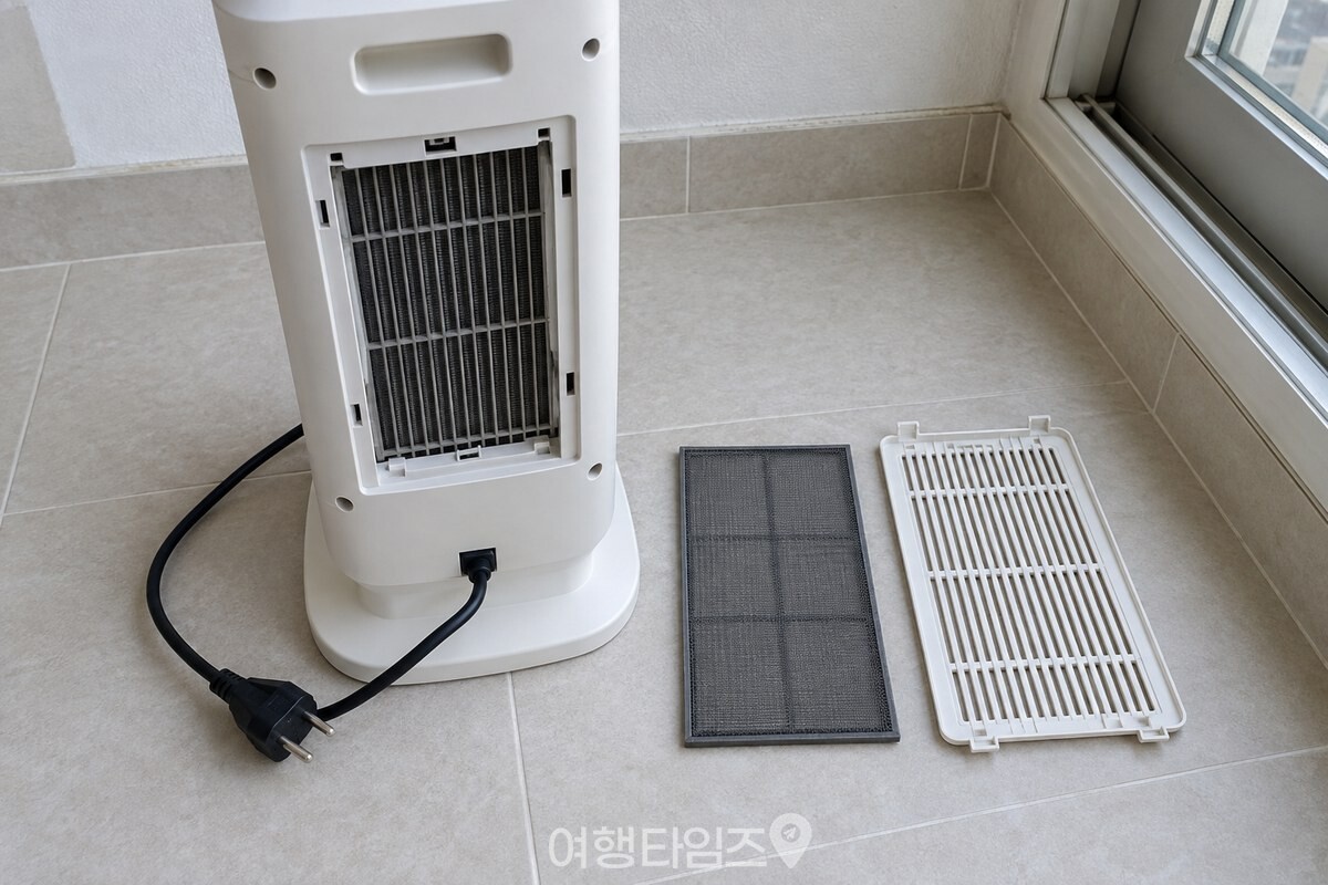 분리한 필터와 흡입구 덮개를 깨끗한 바닥 위에 놓고 확인하는 모습. / 기사 이해를 돕기 위한 생성형 이미지
