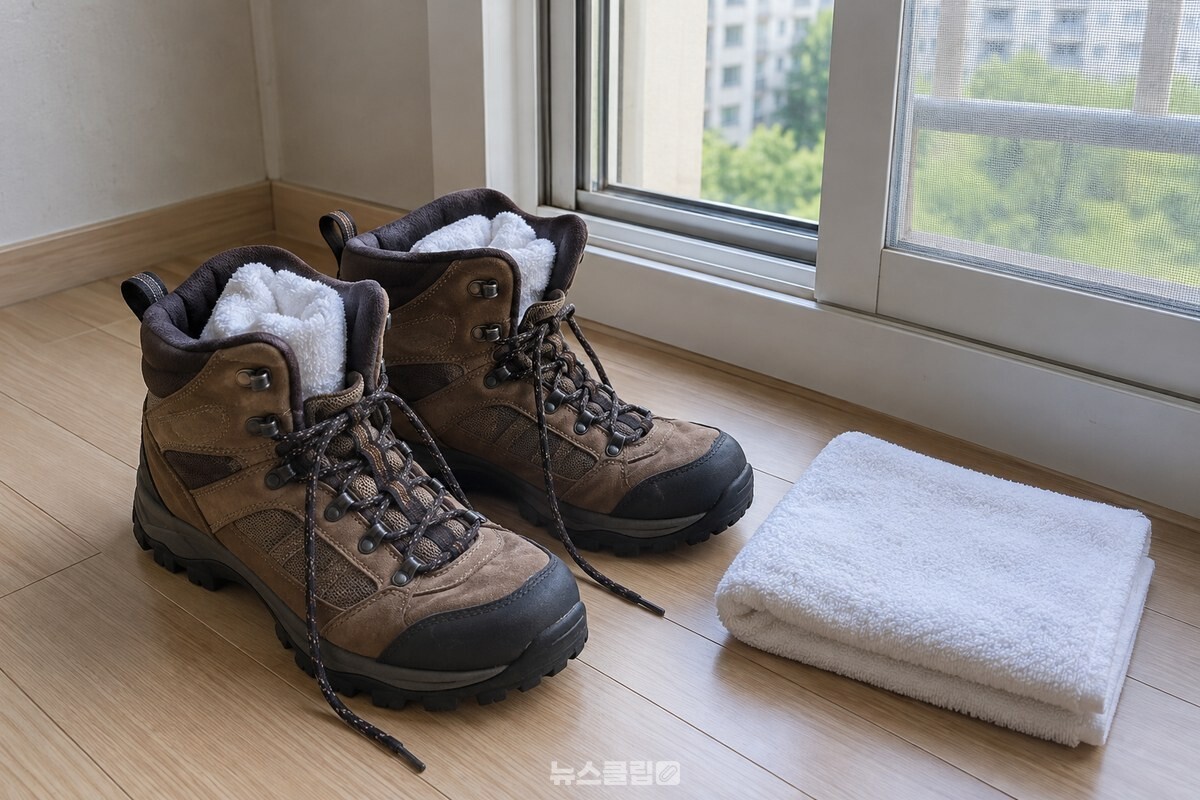 창문을 조금 연 방 한쪽 그늘에 수건을 채운 등산화와 교체할 마른 수건이 놓여 있다. / 기사 이해를 돕기 위한 생성형 이미지