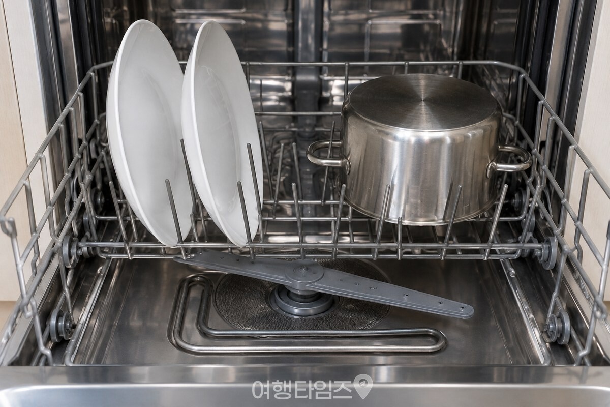식기세척기 아래 칸의 접시와 냄비 아래로 바닥 분사구와 열선이 보이는 모습. / 기사 이해를 돕기 위한 생성형 이미지