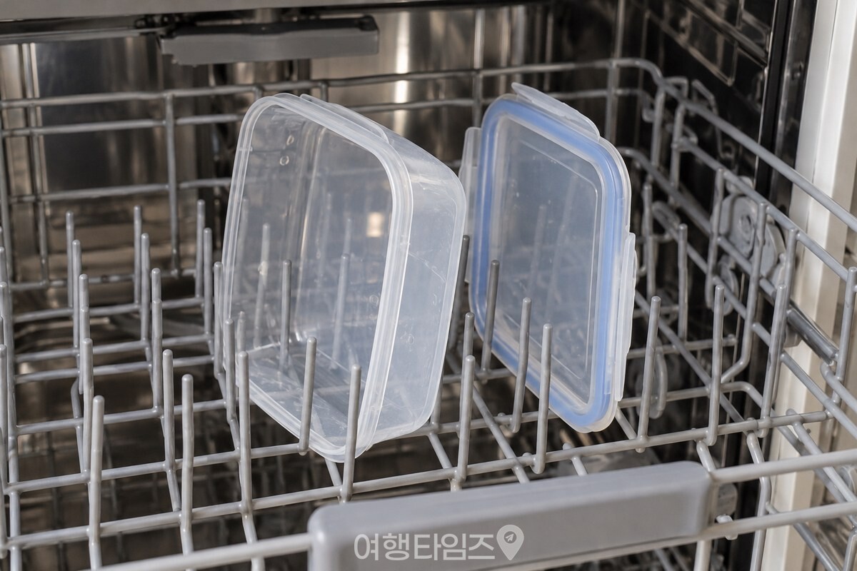 위 칸 선반 살 사이에 반찬통 테두리와 뚜껑을 끼워 둔 모습. / 기사 이해를 돕기 위한 생성형 이미지