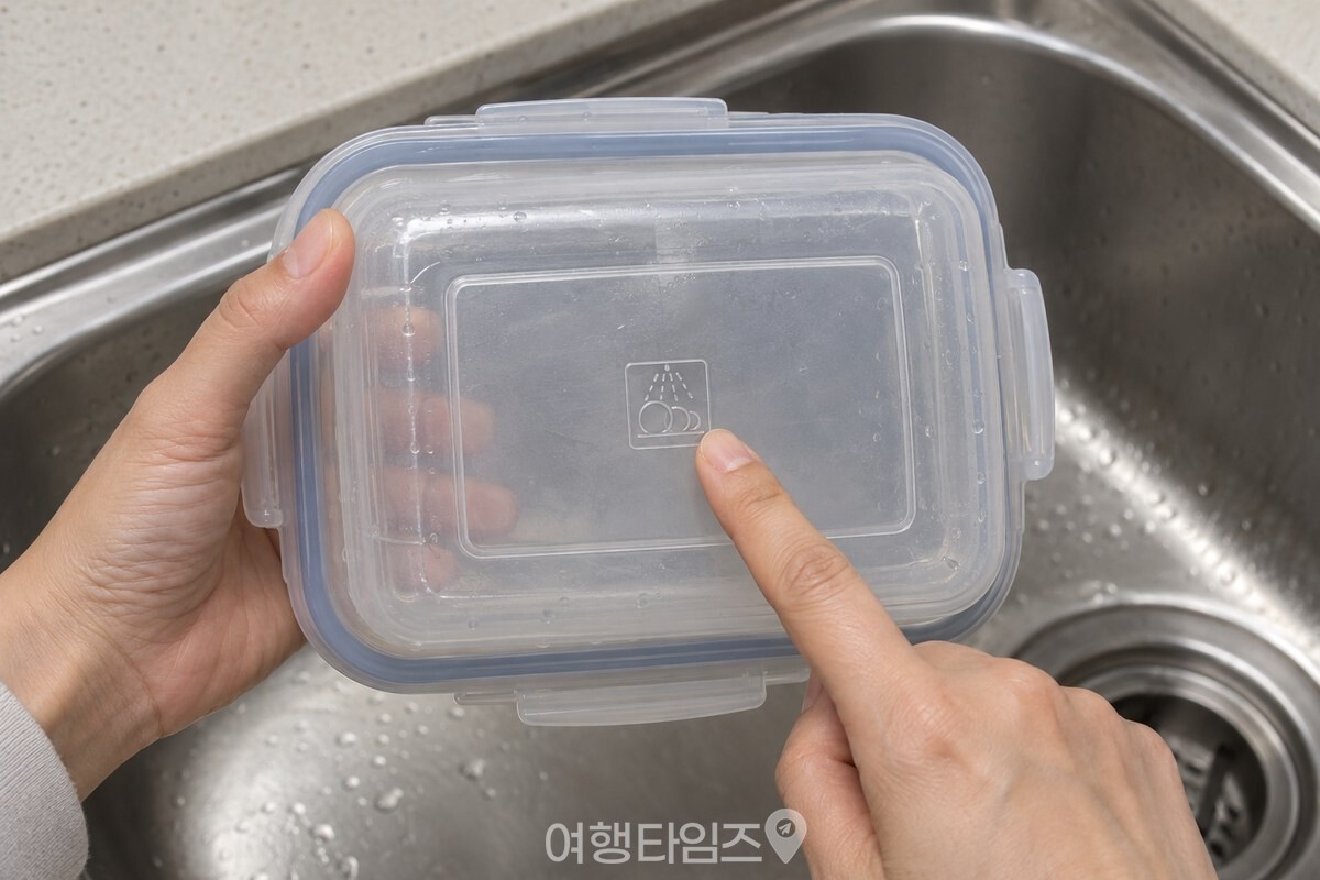 깨끗한 플라스틱 반찬통 바닥의 식기세척기 사용 가능 표시를 손가락으로 확인하는 모습. / 기사 이해를 돕기 위한 생성형 이미지