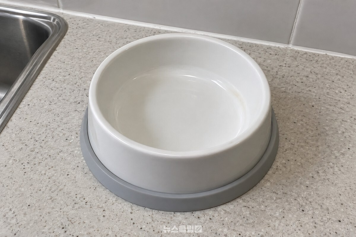 깨끗한 받침 위의 도자기 고양이 밥그릇 안쪽과 바닥 홈을 가까이에서 보여 주는 모습. / 기사 이해를 돕기 위한 생성형 이미지