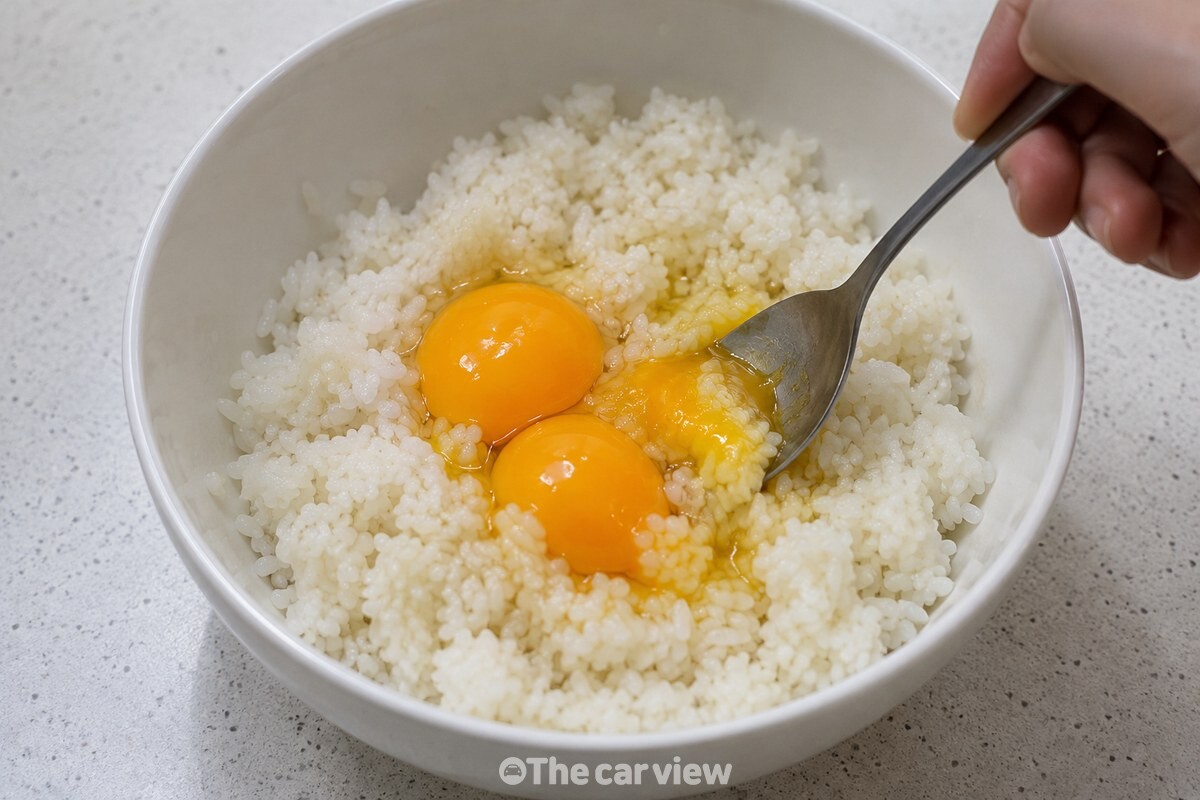 큰 그릇의 찬밥에 노른자 두 개를 넣고 숟가락으로 고르게 비비는 모습. / 기사 이해를 돕기 위한 생성형 이미지