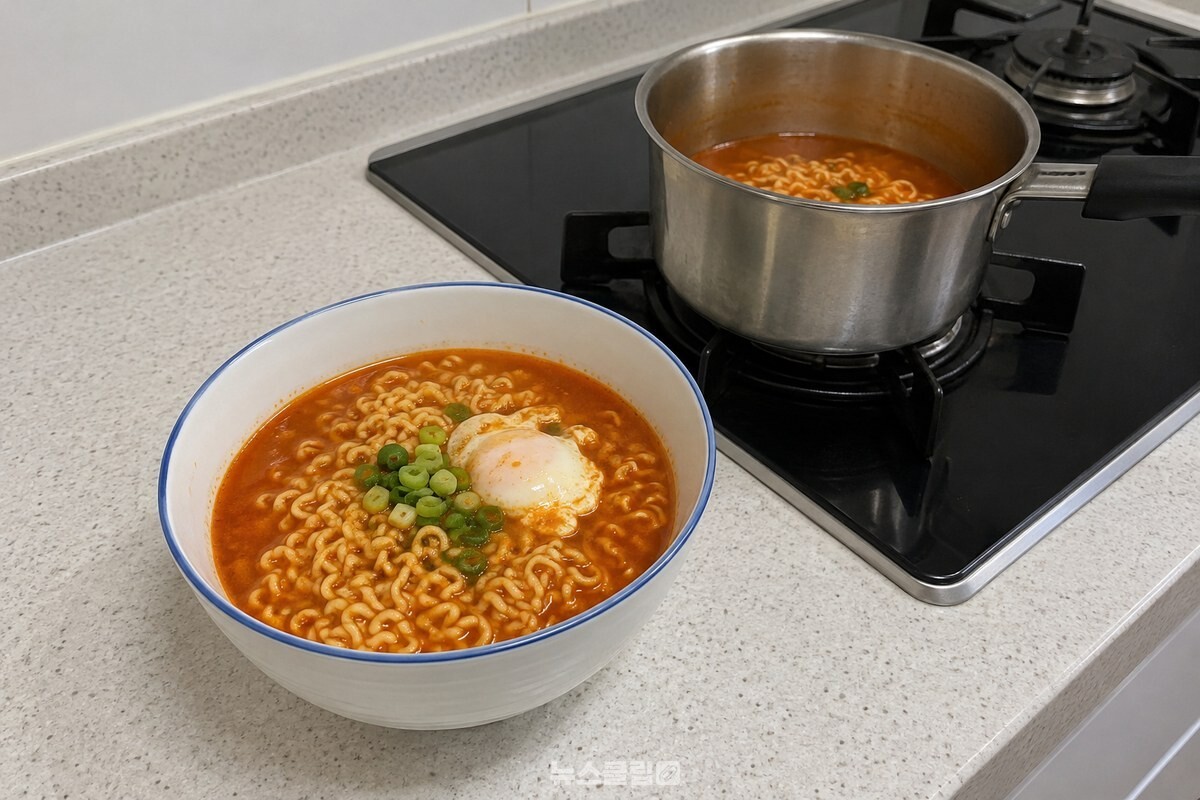 냄비에 끓인 된장 라면과 익은 달걀이 담긴 한 그릇. / 기사 이해를 돕기 위한 생성형 이미지