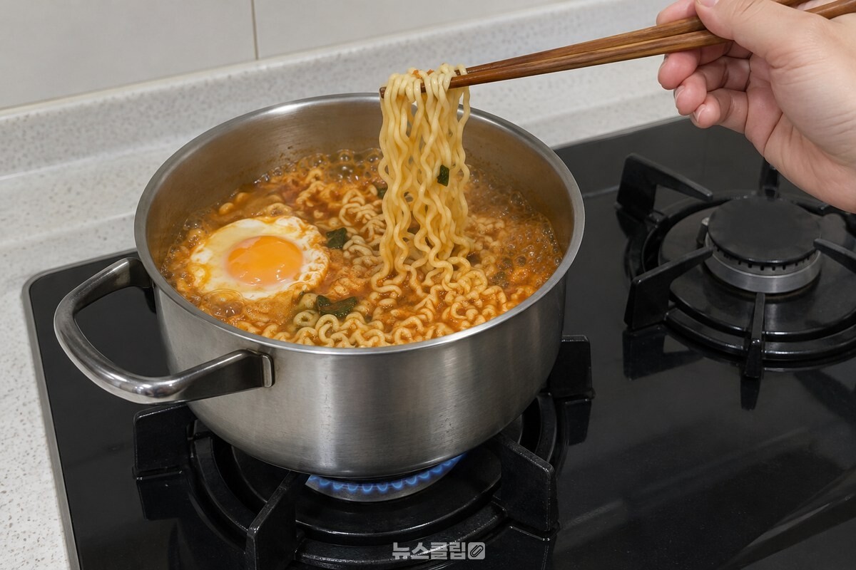 라면 면과 달걀이 익는 냄비에서 젓가락으로 면을 들어 올린 모습. / 기사 이해를 돕기 위한 생성형 이미지