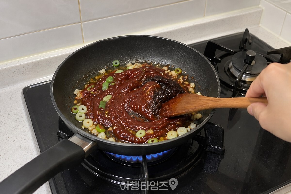 작은 팬에서 대파와 마늘, 고추장과 춘장을 약한 불에 볶고 있는 모습. / 기사 이해를 돕기 위한 생성형 이미지
