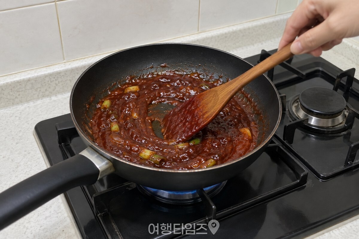 약한 불의 팬에서 고추장과 춘장을 주걱으로 고르게 섞어 볶는 모습. / 기사 이해를 돕기 위한 생성형 이미지