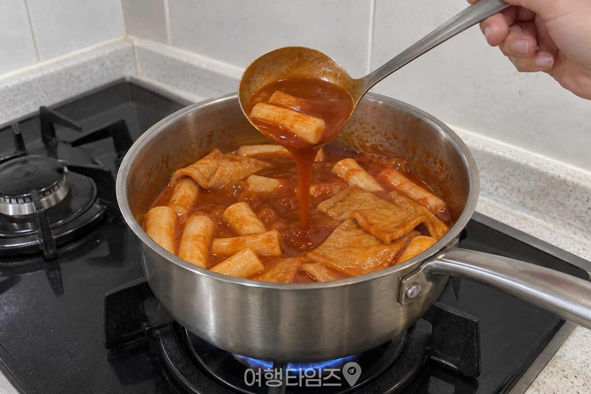 떡과 어묵이 든 냄비에서 붉은 갈색 국물이 천천히 졸아든 모습. / 기사 이해를 돕기 위한 생성형 이미지