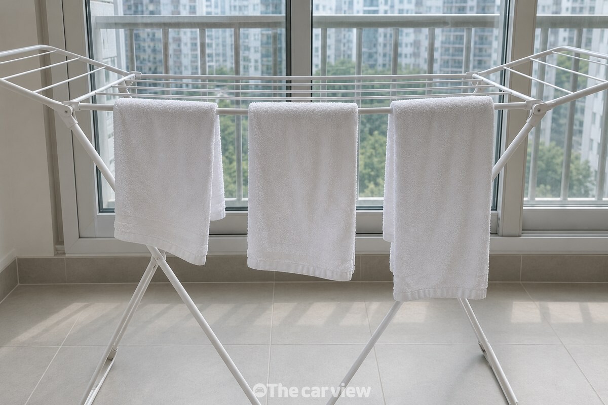 양 끝의 길이를 다르게 걸고 사이를 띄운 목욕수건들. / 기사 이해를 돕기 위한 생성형 이미지