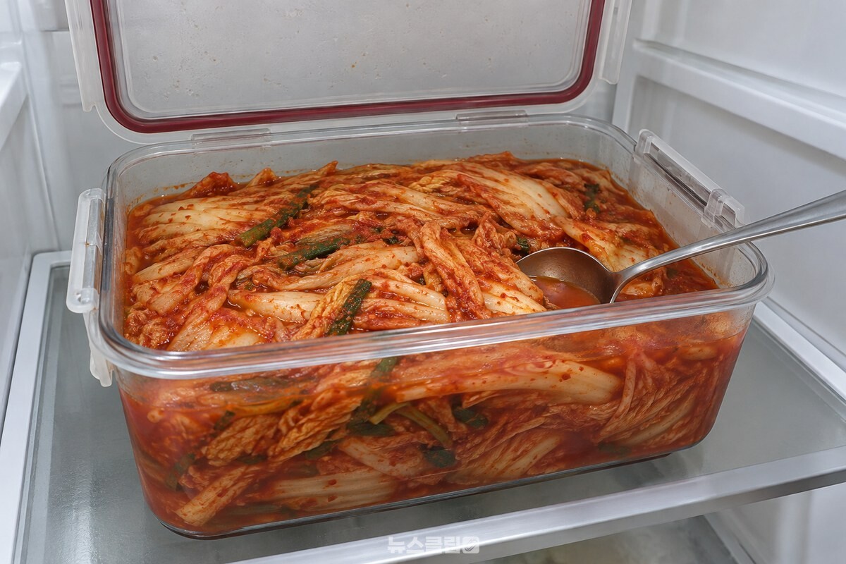 큰 김치통의 뚜껑을 열어 김치와 국물이 보이는 가까운 모습. / 기사 이해를 돕기 위한 생성형 이미지