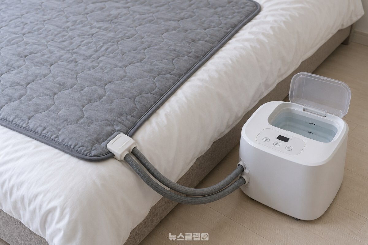 침대 위에 펼친 온수매트와 옆에 둔 흰색 온수보일러의 물탱크를 가까이에서 확인하는 모습. / 기사 이해를 돕기 위한 생성형 이미지