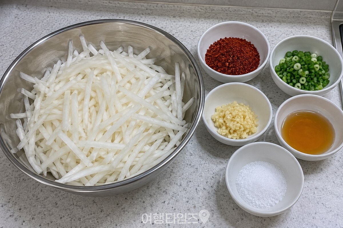 손가락 굵기보다 가늘게 썬 무채와 양념 재료가 조리대 위에 준비돼 있다. / 기사 이해를 돕기 위한 생성형 이미지