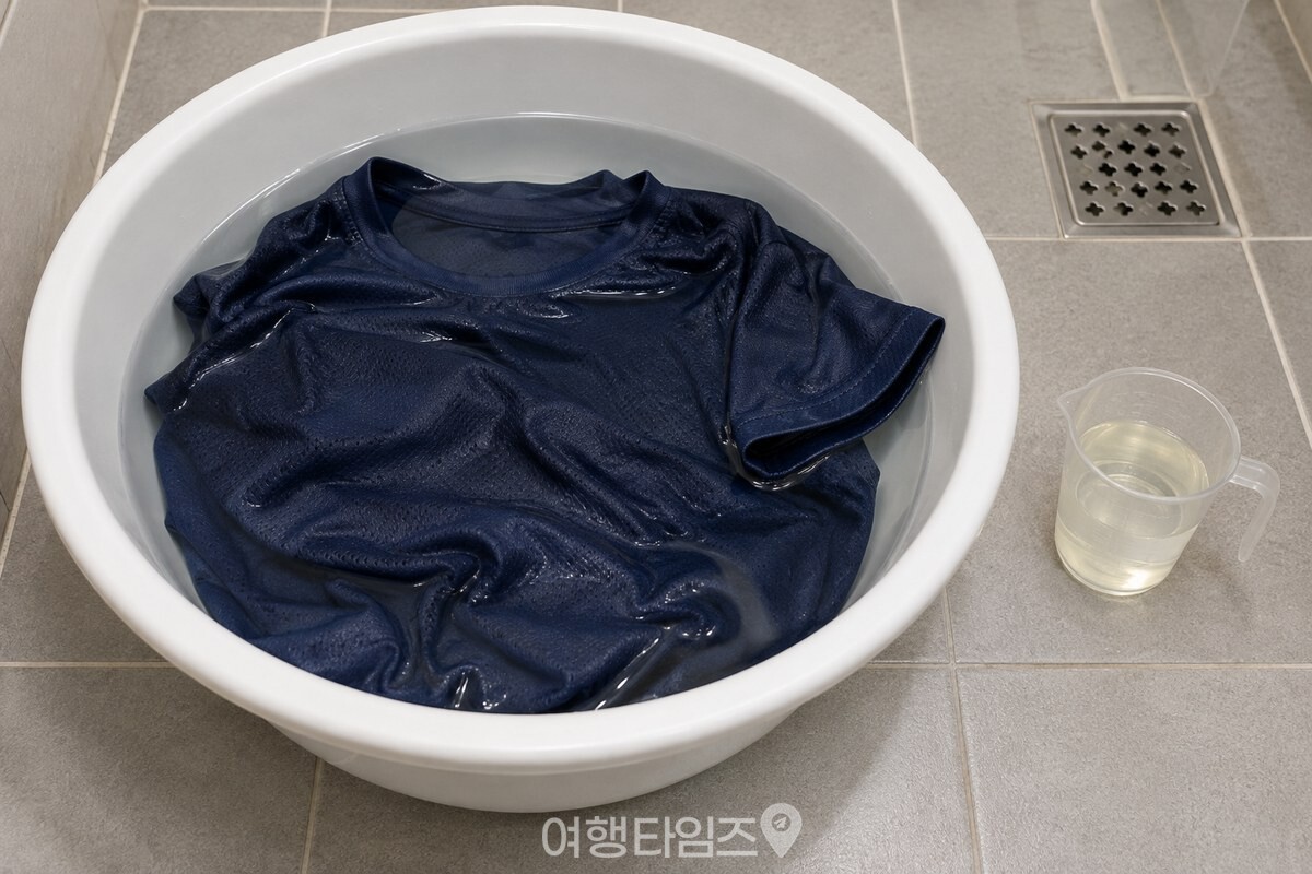 미지근한 물을 담은 흰 대야에 펼쳐 담근 남색 체육복과 옆의 작은 식초 계량컵. / 기사 이해를 돕기 위한 생성형 이미지