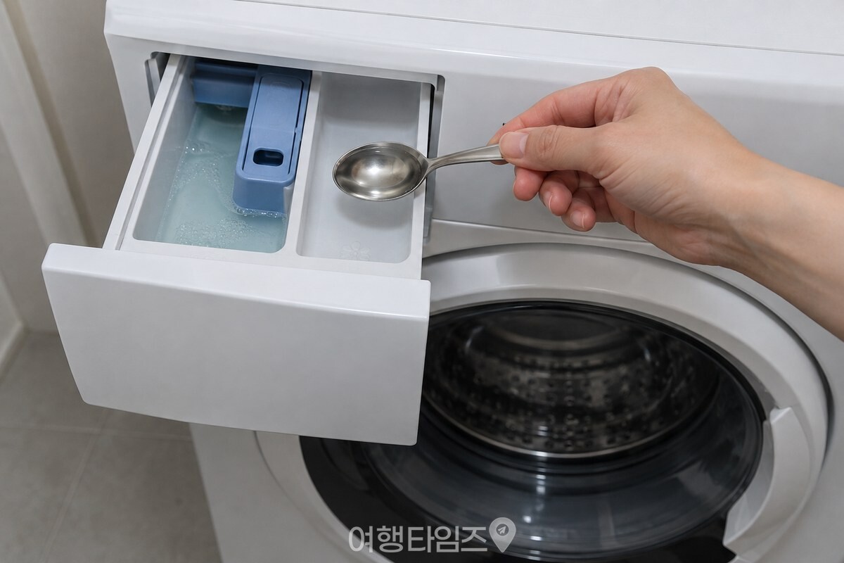 세제 투입구와 비워 둔 섬유유연제 칸이 보이는 드럼세탁기 앞쪽 모습. / 기사 이해를 돕기 위한 생성형 이미지