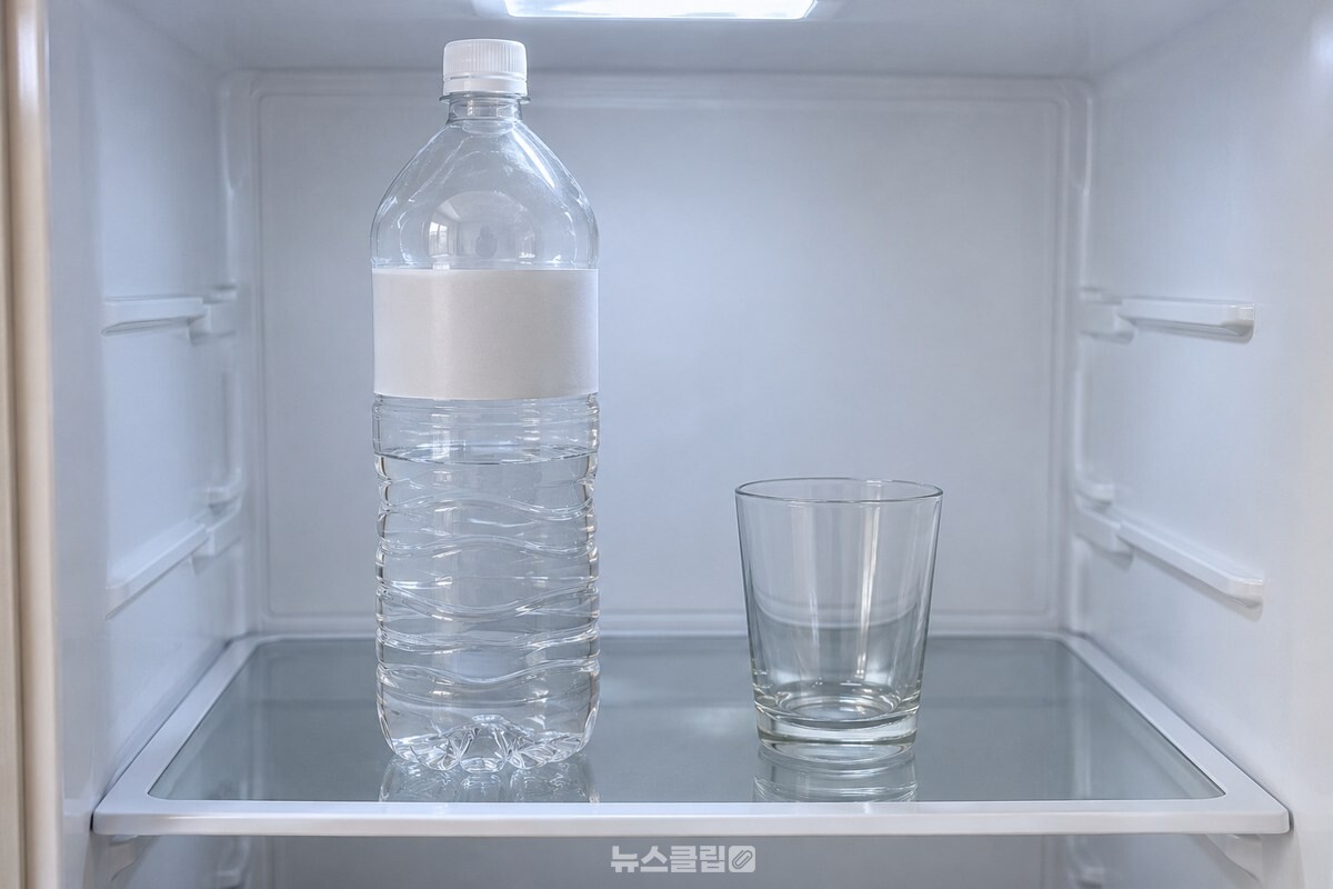 냉장고 선반에 세워 둔 개봉 2리터 생수병과 옆의 깨끗한 유리컵. / 기사 이해를 돕기 위한 생성형 이미지