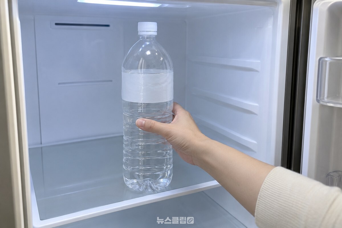 뚜껑을 꼭 닫은 생수병을 냉장고 안쪽 선반에 넣는 모습. / 기사 이해를 돕기 위한 생성형 이미지