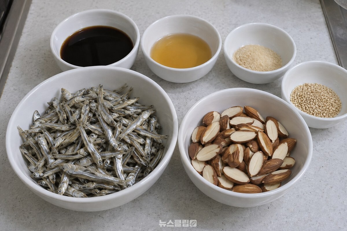 잔멸치와 양념 재료, 반으로 나눈 아몬드를 조리 전에 따로 덜어 놓았다. / 기사 이해를 돕기 위한 생성형 이미지
