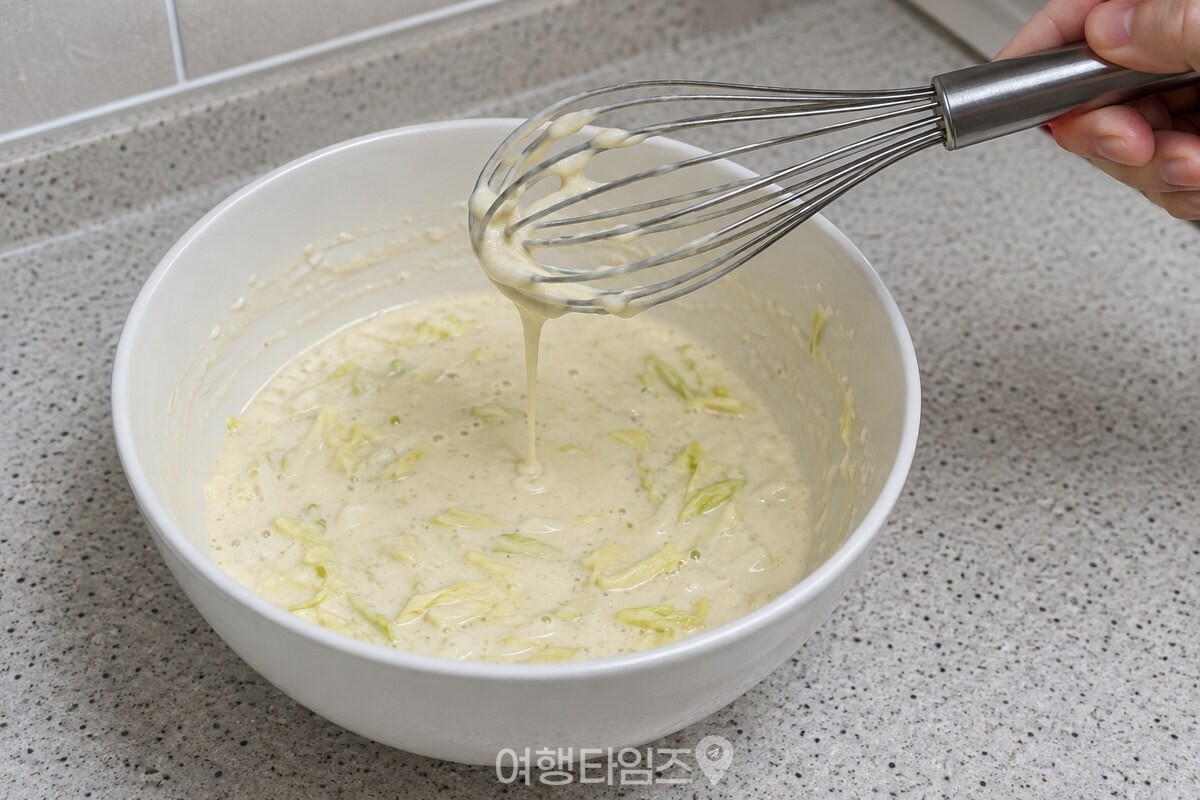 흰 그릇에서 거품기로 가볍게 섞은 묽은 배추전 반죽의 농도. / 기사 이해를 돕기 위한 생성형 이미지