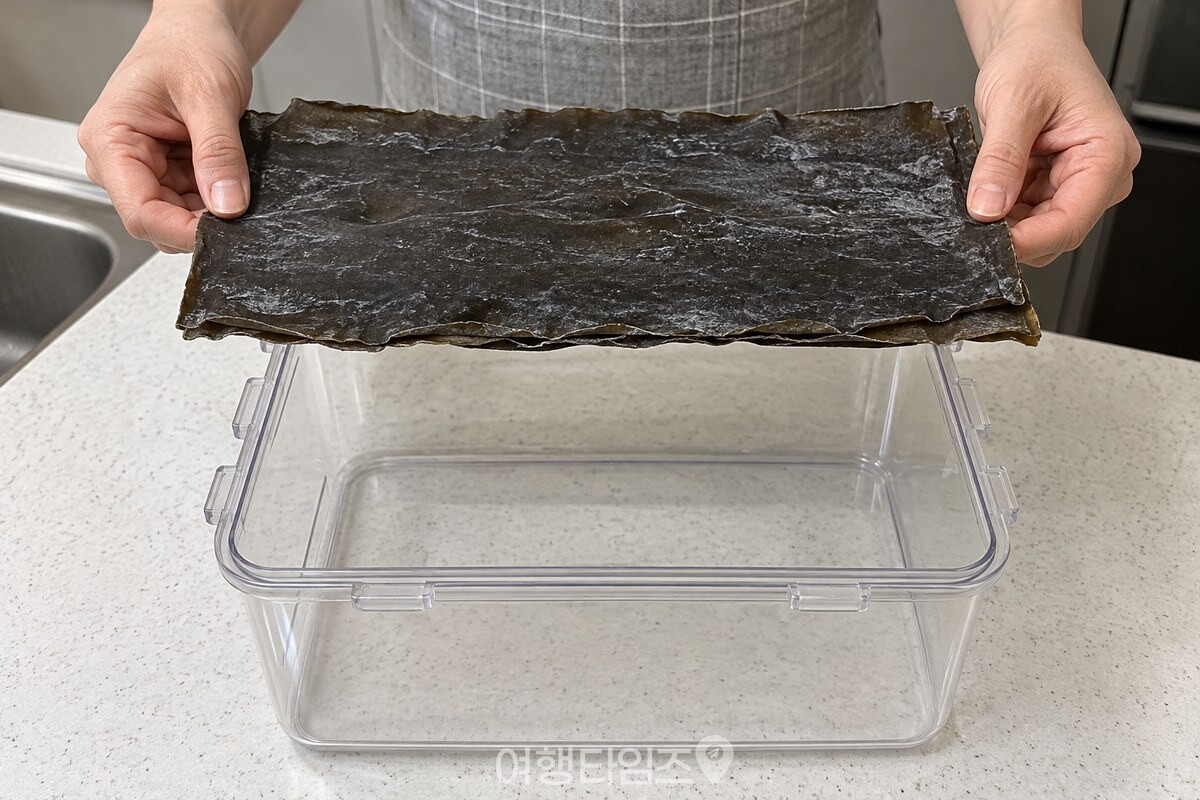 마른 건다시마 한 장과 김치통 넓이를 맞춰 준비한 모습이다. / 기사 이해를 돕기 위한 생성형 이미지