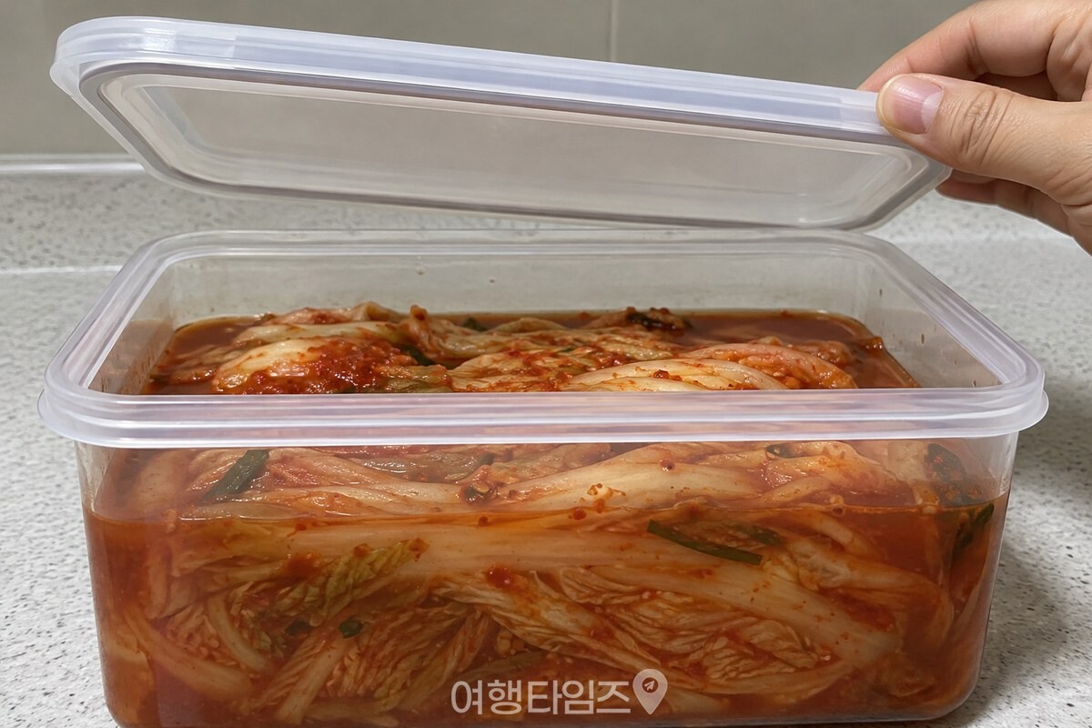 김치통 뚜껑 아래에 남는 빈 공간과 국물 위쪽 배추 잎이 가까이 보인다. / 기사 이해를 돕기 위한 생성형 이미지