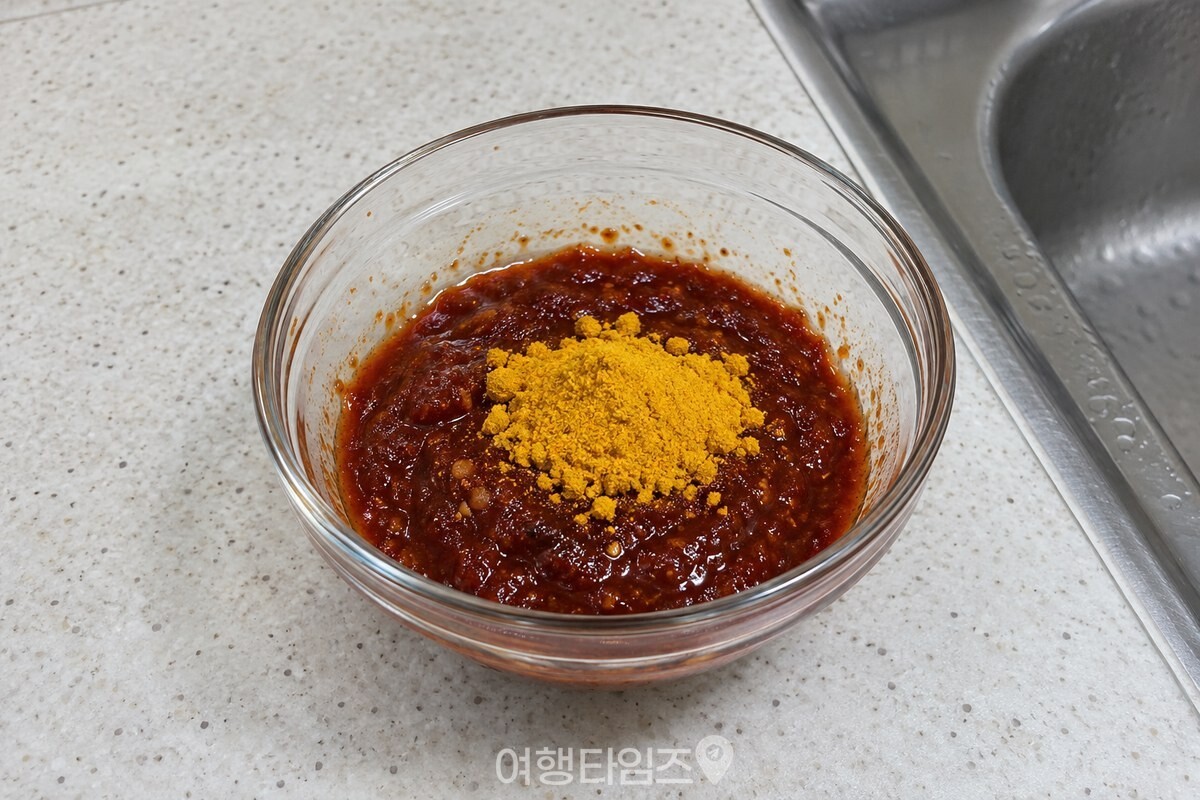 작은 유리 그릇의 붉은 양념장 위에 노란빛 카레가루 한 작은술이 놓여 있다. / 기사 이해를 돕기 위한 생성형 이미지
