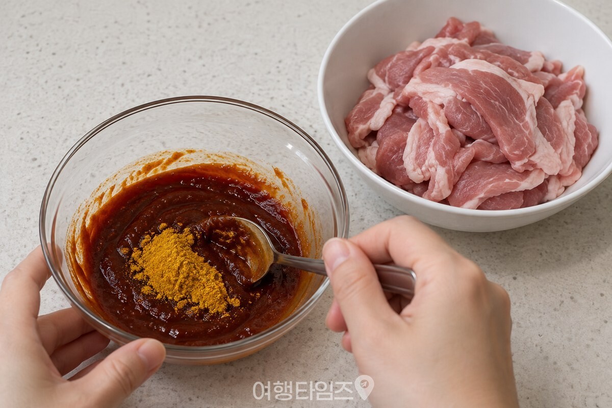 양념장에 카레가루 한 작은술을 넣고 숟가락으로 섞는 준비 단계다. / 기사 이해를 돕기 위한 생성형 이미지