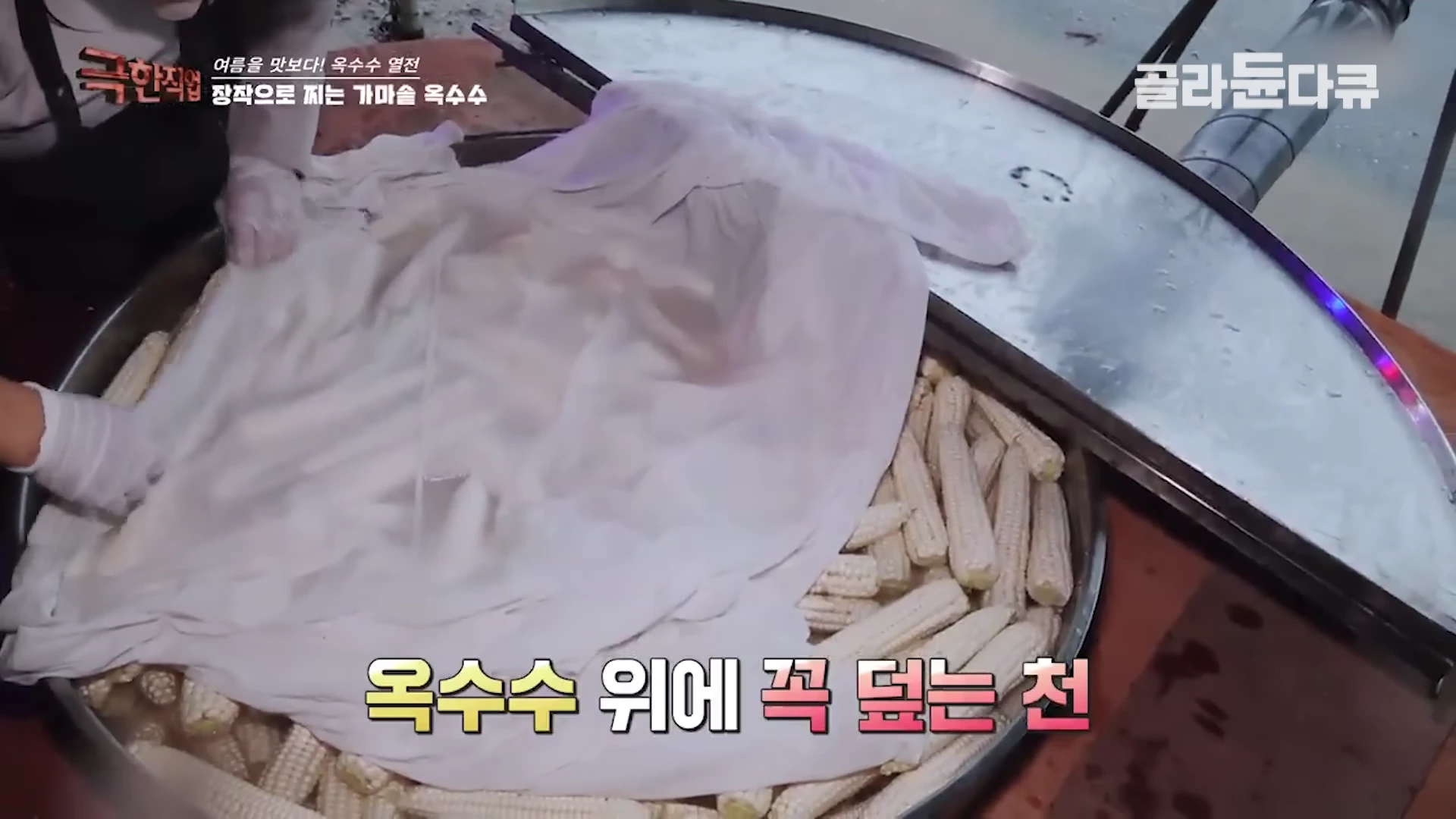 장갑을 낀 작업자가 커다란 가마솥에 담긴 옥수수 위에 하얀 천을 덮고 있는 모습