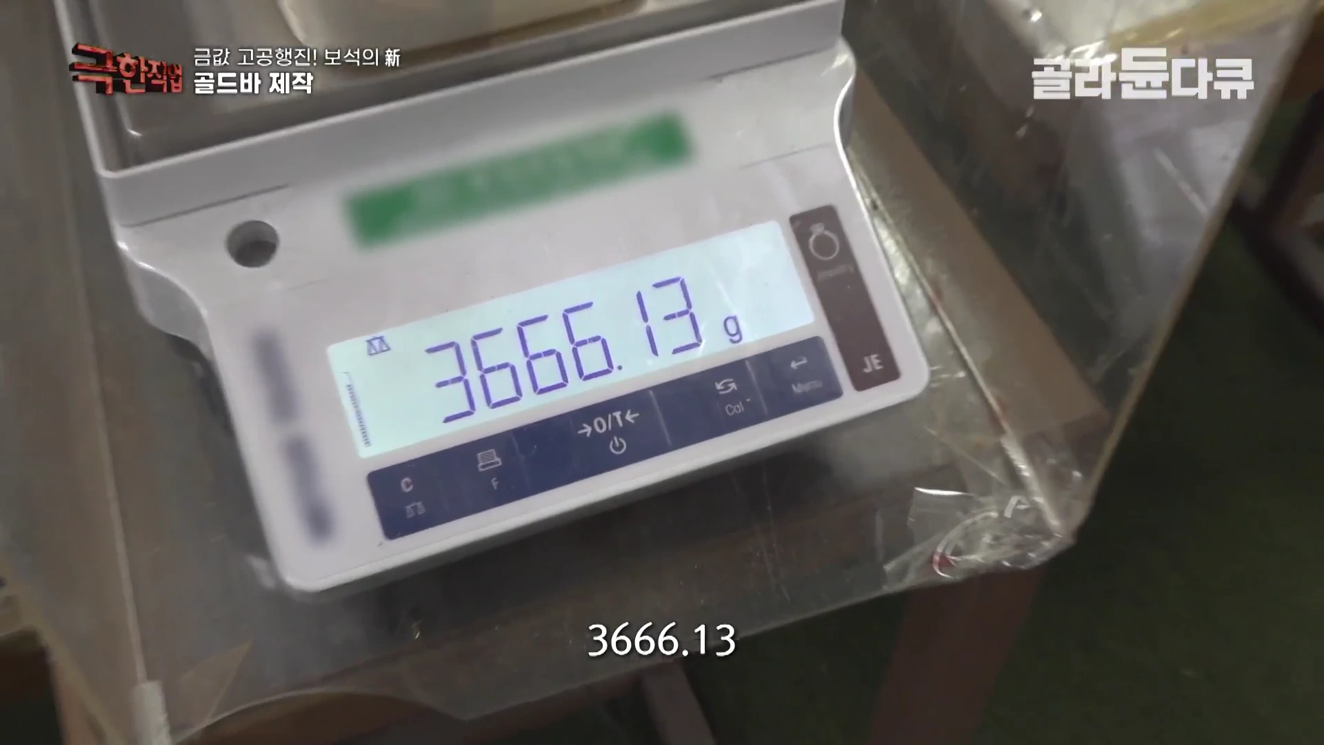 정밀 저울의 LCD 화면에 '3666.13g'이라는 숫자가 선명하게 표시되어 있다.