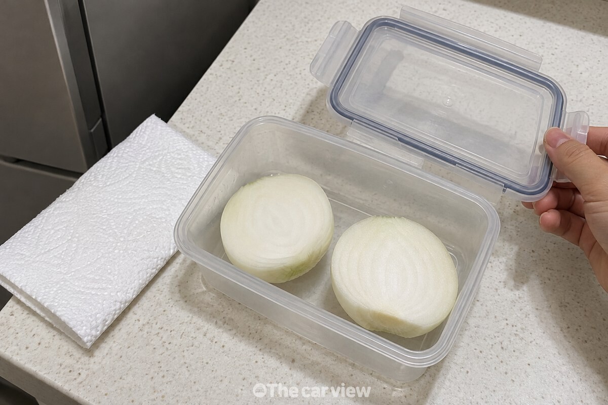 껍질을 깐 양파 반쪽이 뚜껑을 닫기 전 깨끗한 밀폐용기에 담겨 있다. / 기사 이해를 돕기 위한 생성형 이미지