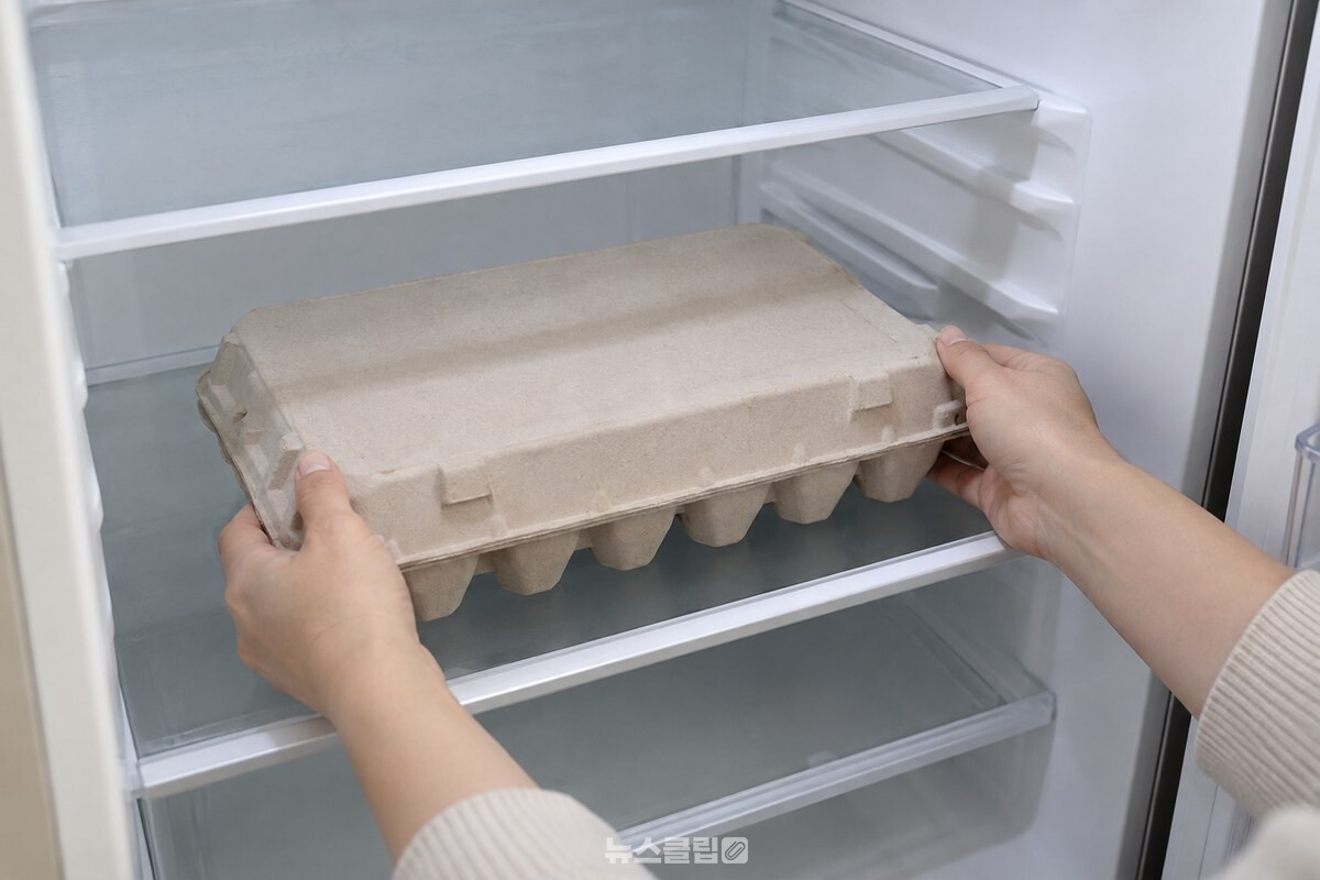 사 온 종이 계란판을 뚜껑까지 덮어 냉장고 안쪽 선반에 올려 두는 모습. / 기사 이해를 돕기 위한 생성형 이미지