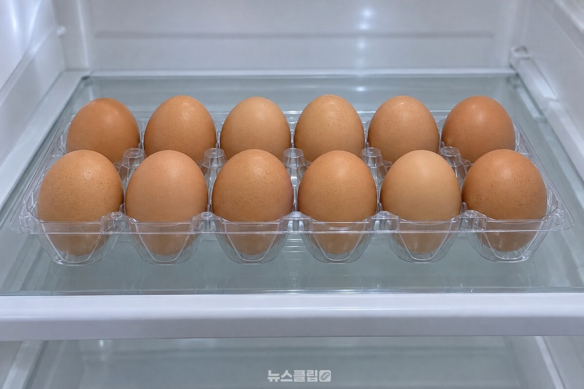 냉장고 안쪽 선반의 계란판에 뾰족한 쪽을 아래로 향하게 놓인 갈색 계란들. / 기사 이해를 돕기 위한 생성형 이미지