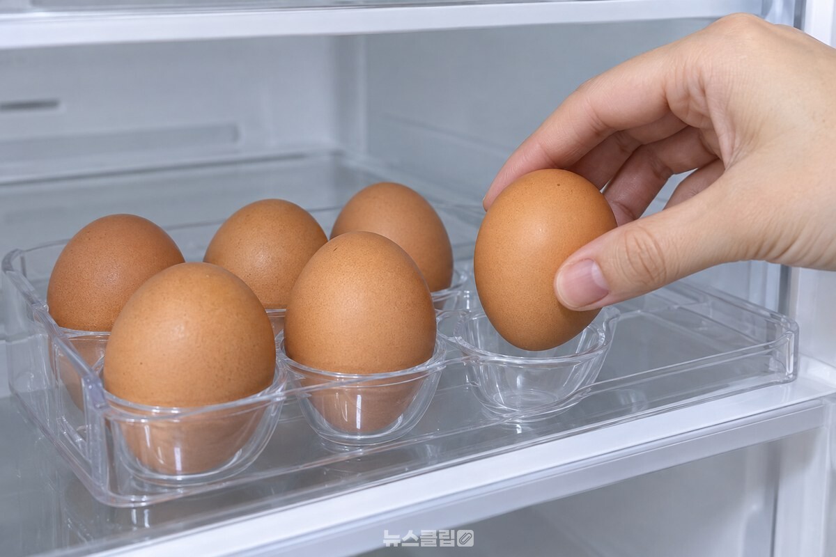 손으로 계란의 뾰족한 끝을 아래로 향하게 해 투명 계란판 칸에 넣는 모습. / 기사 이해를 돕기 위한 생성형 이미지
