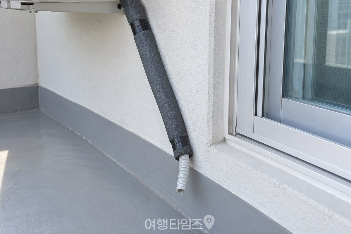 베란다 밖으로 이어진 에어컨 배수호스가 회색 배관용 보온재와 검정 테이프로 감싸져 있다. / 기사 이해를 돕기 위한 생성형 이미지