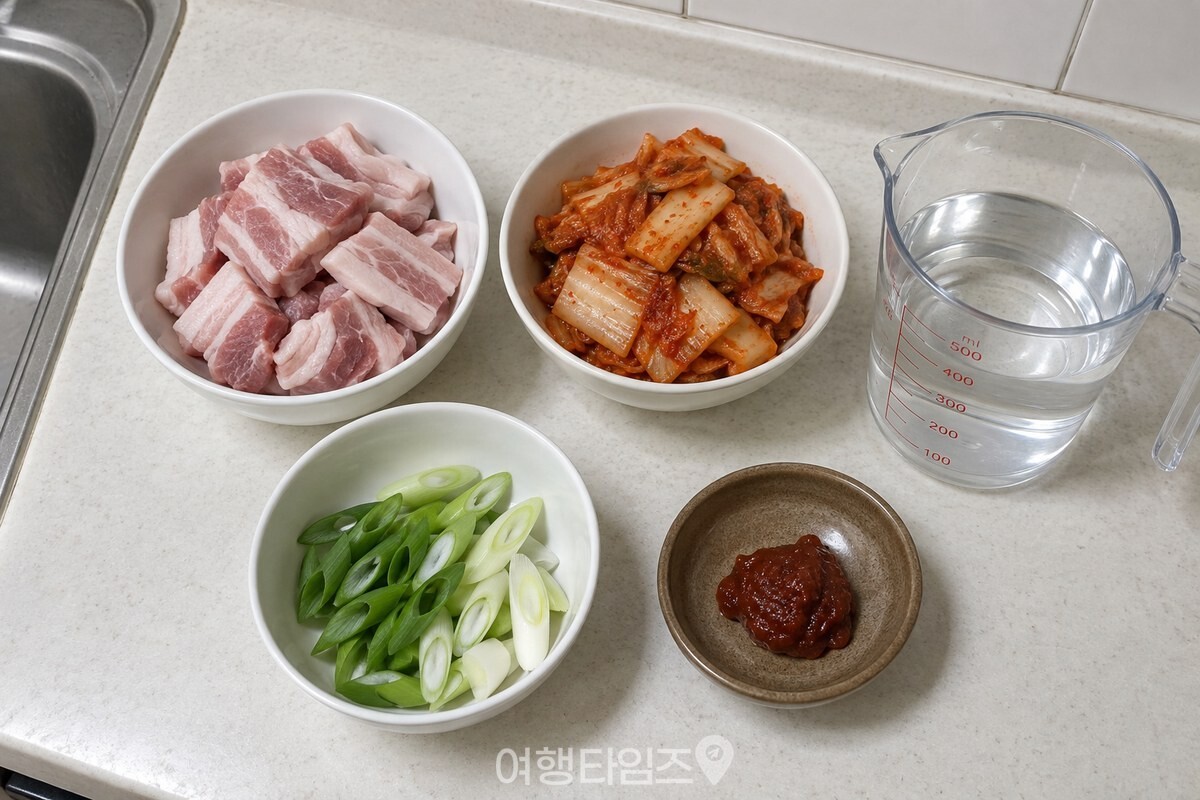 손질한 삼겹살과 김치, 대파, 쌈장을 조리 순서대로 놓아 둔 모습입니다. / 기사 이해를 돕기 위한 생성형 이미지