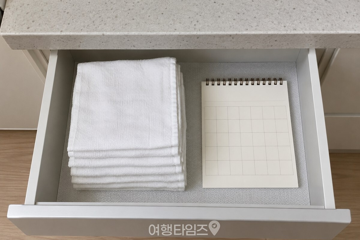 주방 서랍 안에 접어 둔 새 면 행주 묶음과 종이 달력이 보인다. / 기사 이해를 돕기 위한 생성형 이미지