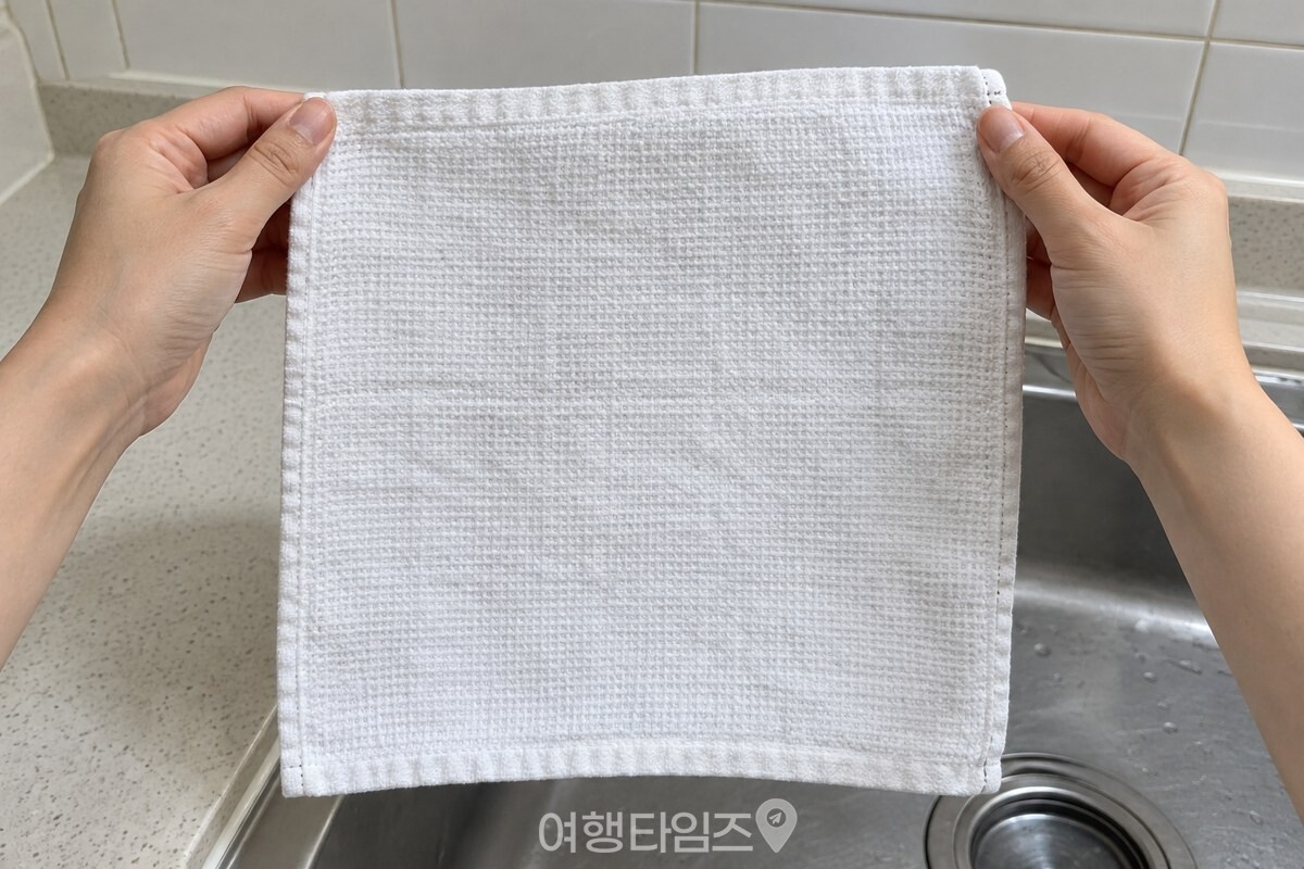 두 손으로 펼친 면 행주의 색과 가장자리 상태를 살펴보고 있다. / 기사 이해를 돕기 위한 생성형 이미지