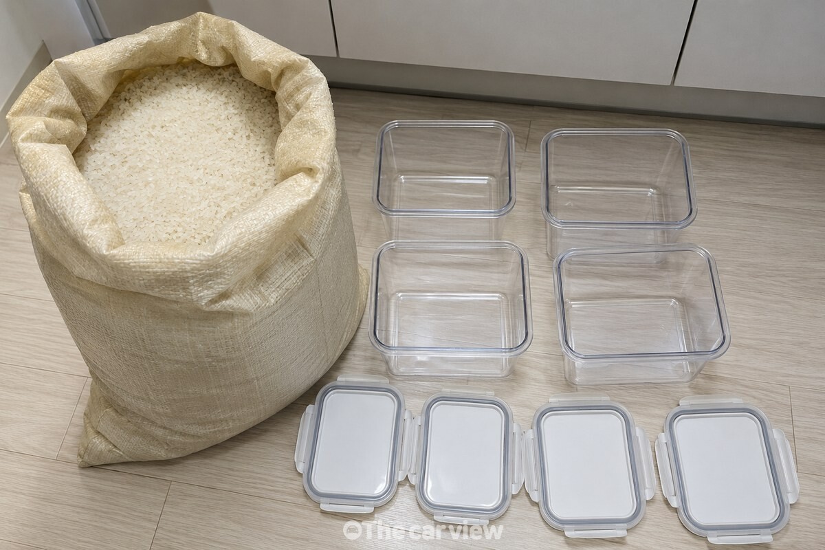 20kg 쌀 포대 옆에 작은 밀폐용기를 여러 개 준비한 모습. / 기사 이해를 돕기 위한 생성형 이미지